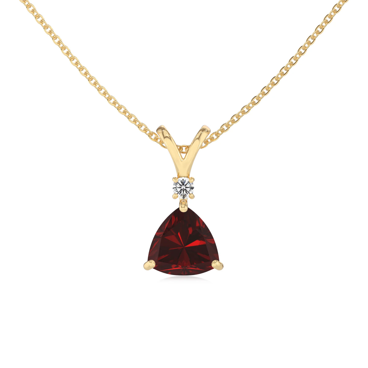 natural garnet trillion solitaire v-bale necklaces in yellow gold 