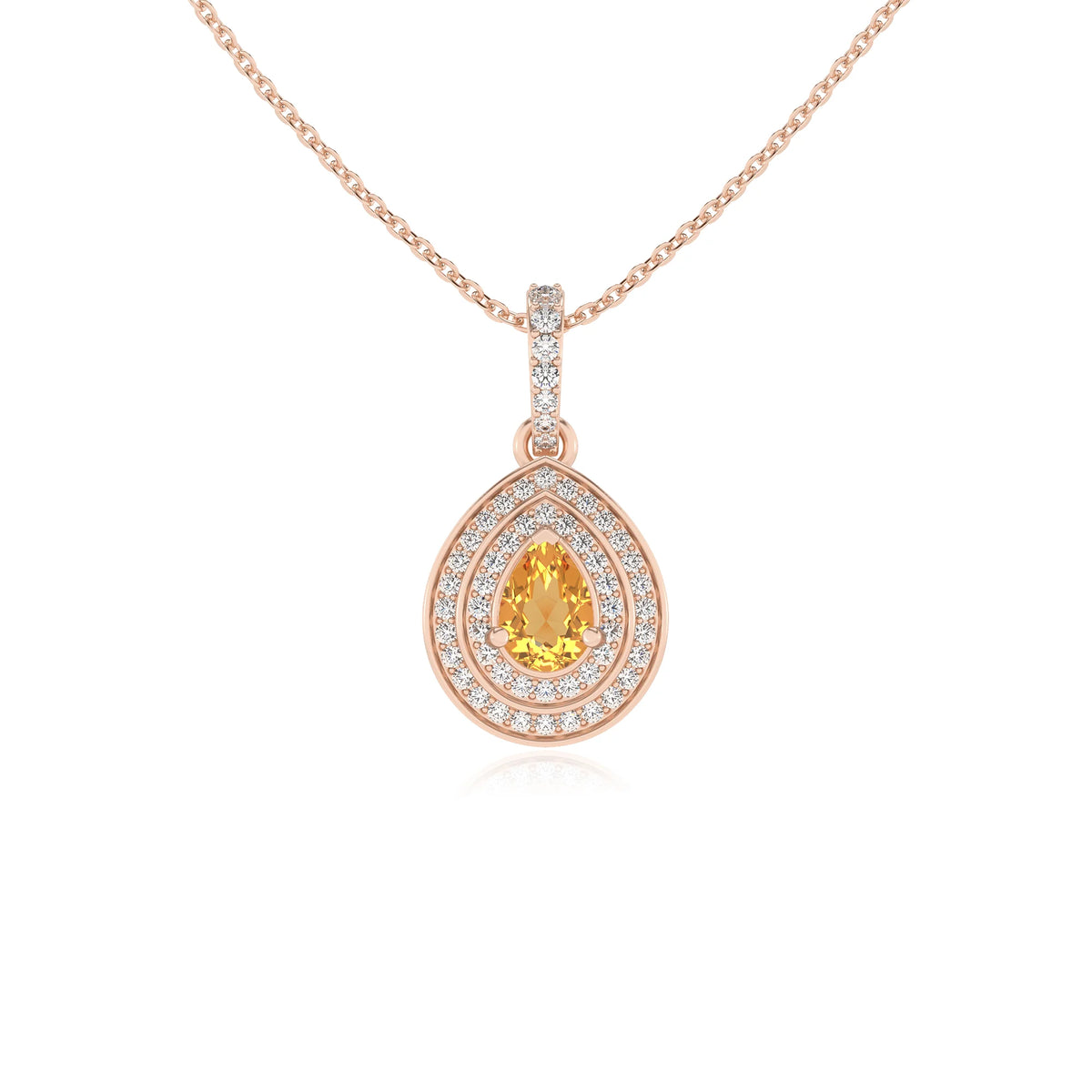 lab grown citrine pear halo necklaces in rose gold 