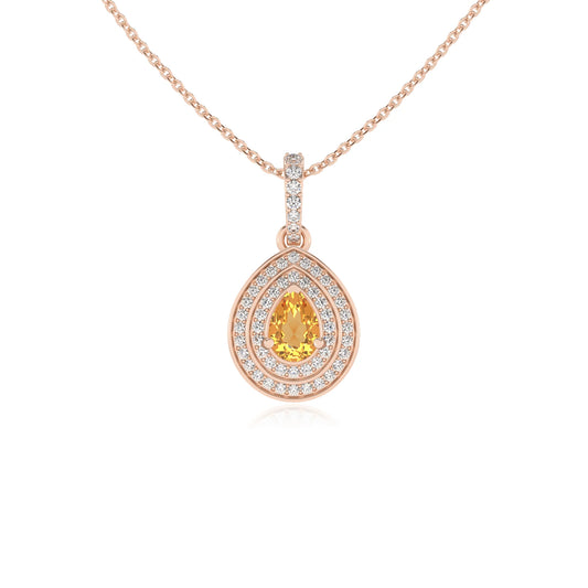 lab grown citrine pear halo necklaces in rose gold 