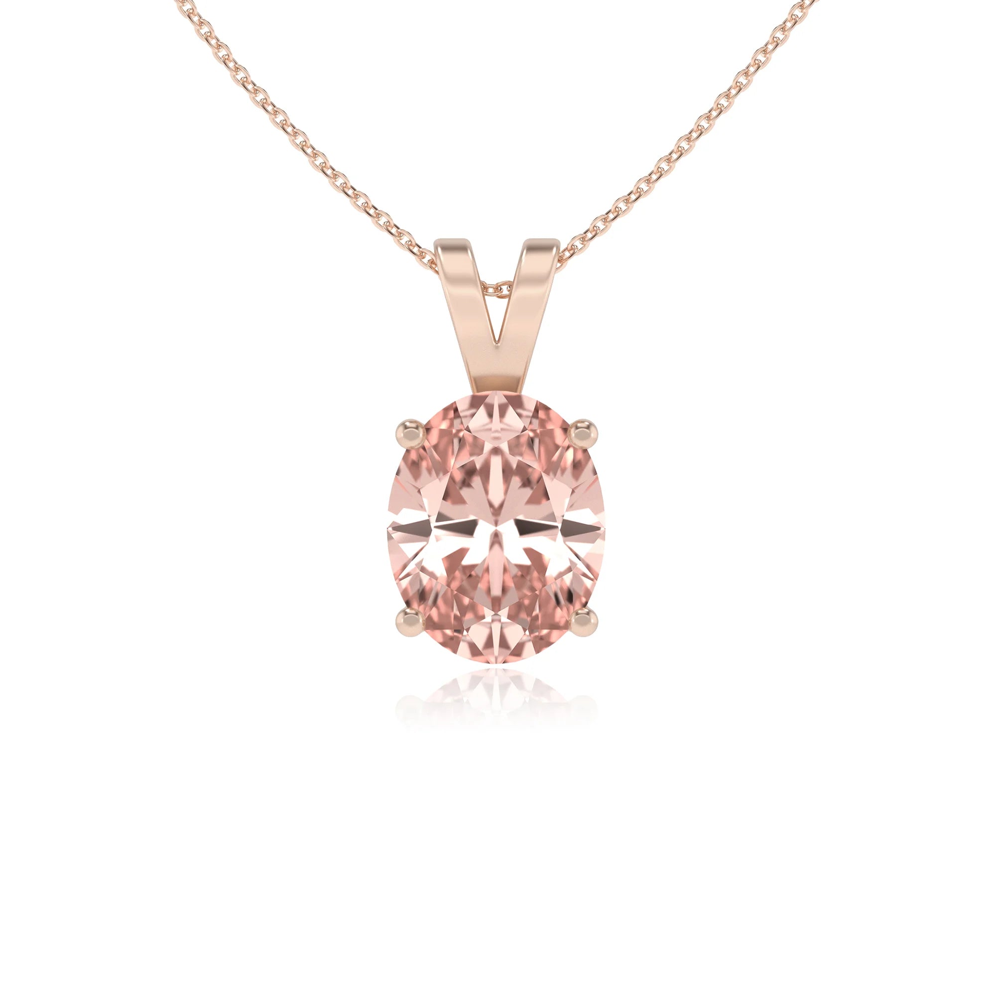 lab grown morganite oval solitaire v-bale necklaces in rose gold 