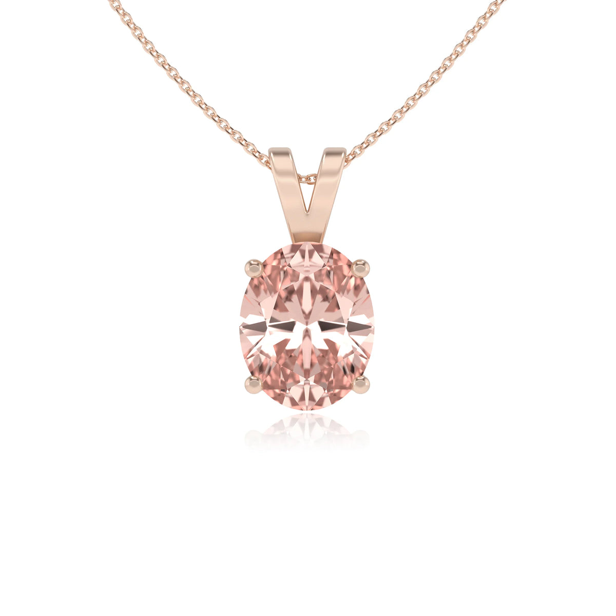 lab grown morganite oval solitaire v-bale necklaces in rose gold 