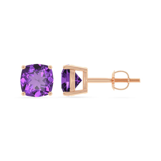 lab grown amethyst cushion stud earrings in rose gold 