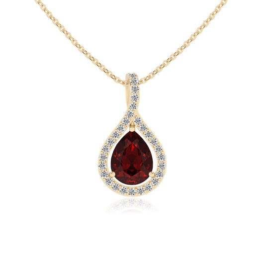 natural garnet pear solitaire necklaces in yellow gold 