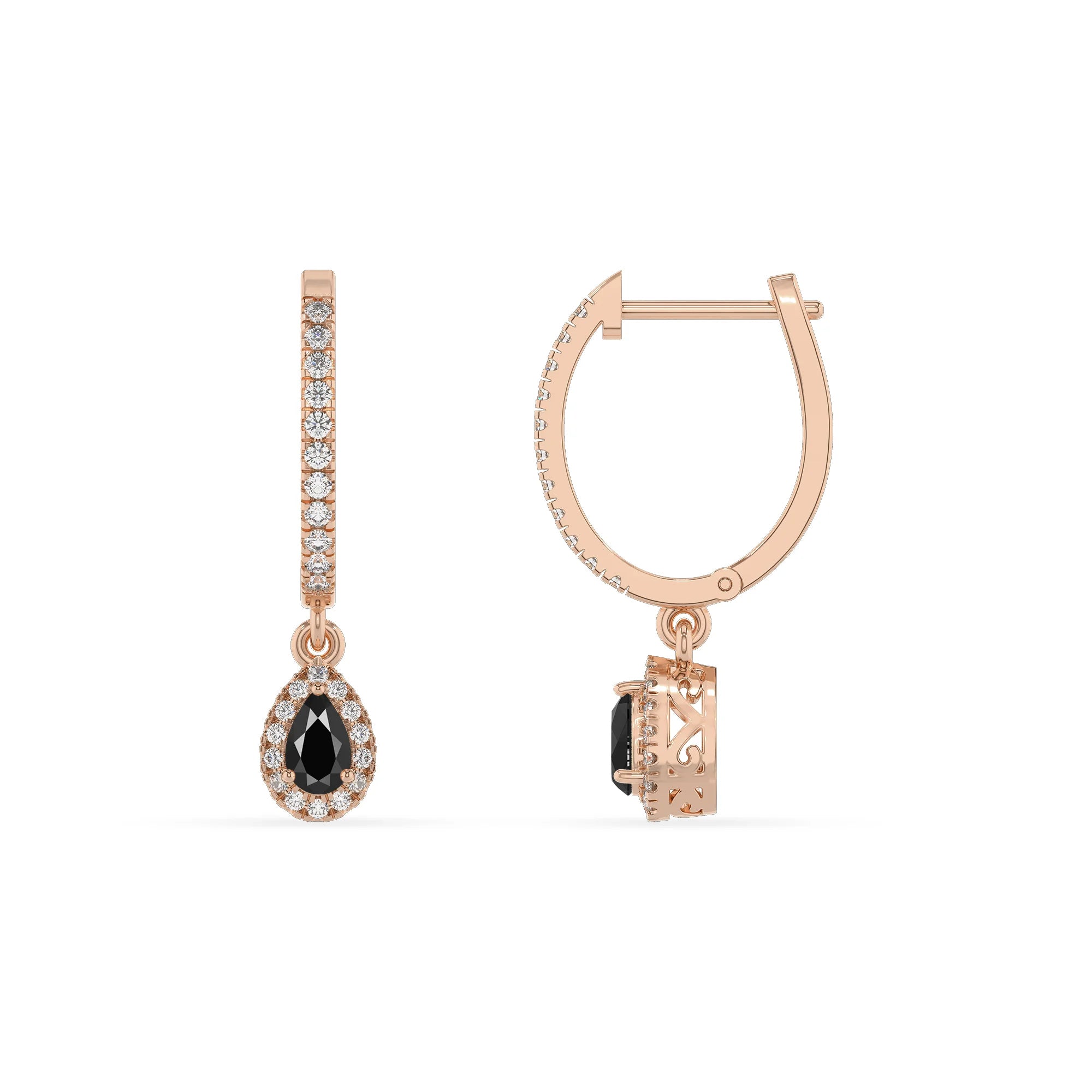 natural black onyx pear drop earrings in rose gold 