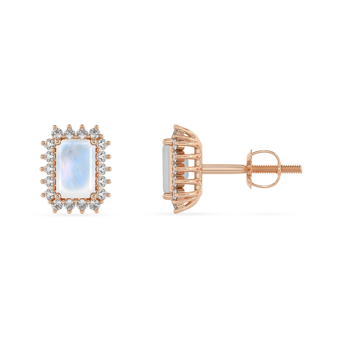 natural rainbow moonstone emerald cut stud earrings in rose gold 