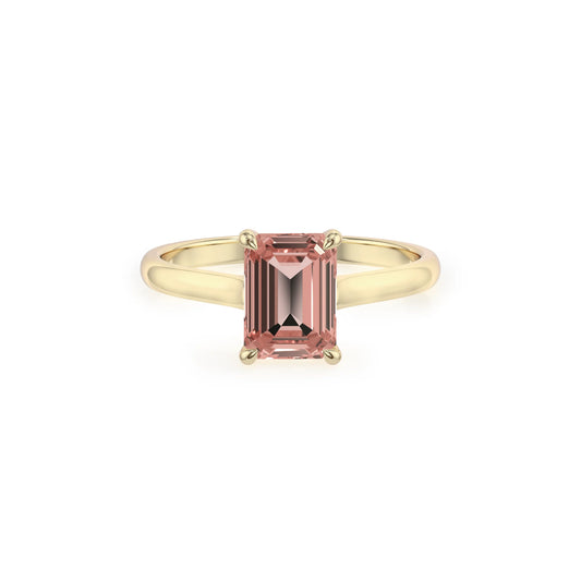 lab grown morganite emerald cut solitaire rings in yellow gold 
