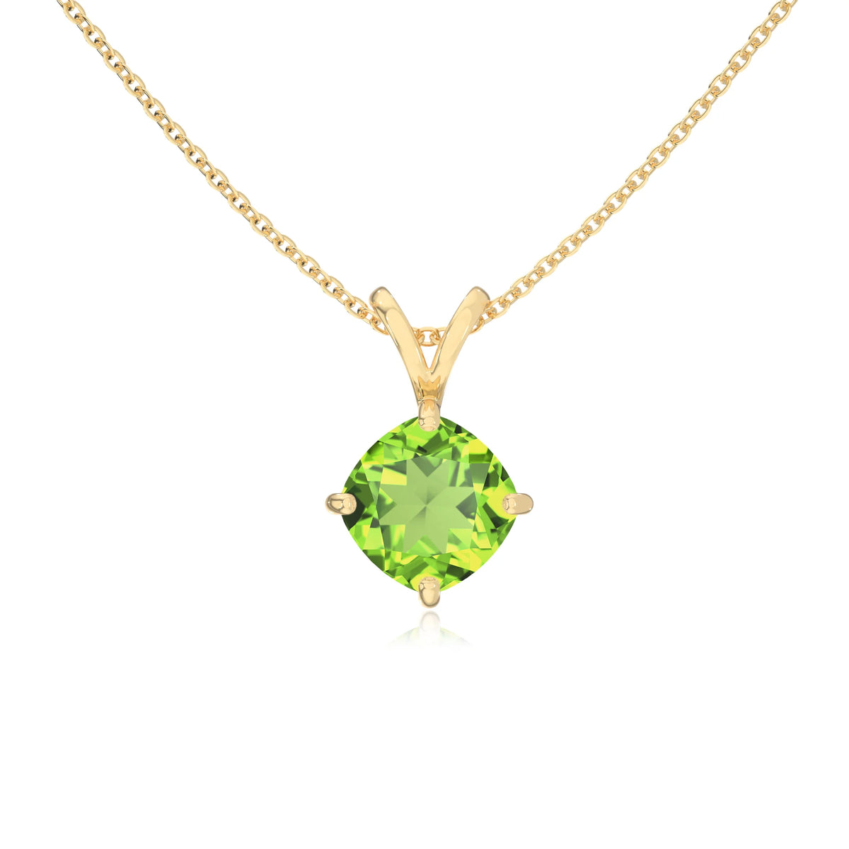 natural peridot cushion solitaire v-bale necklaces in yellow gold 
