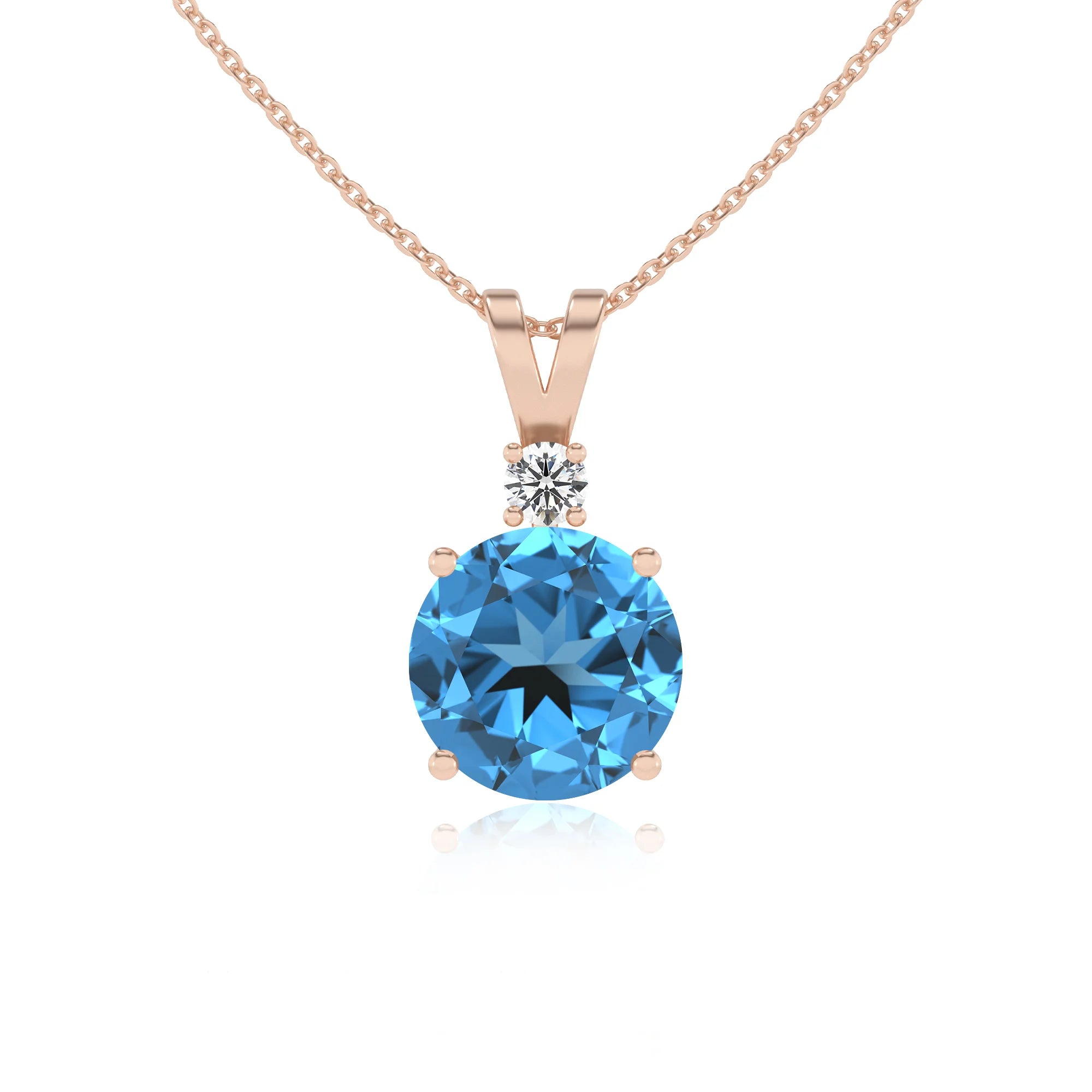 natural swiss-blue-topaz round solitaire v-bale necklaces in rose gold 