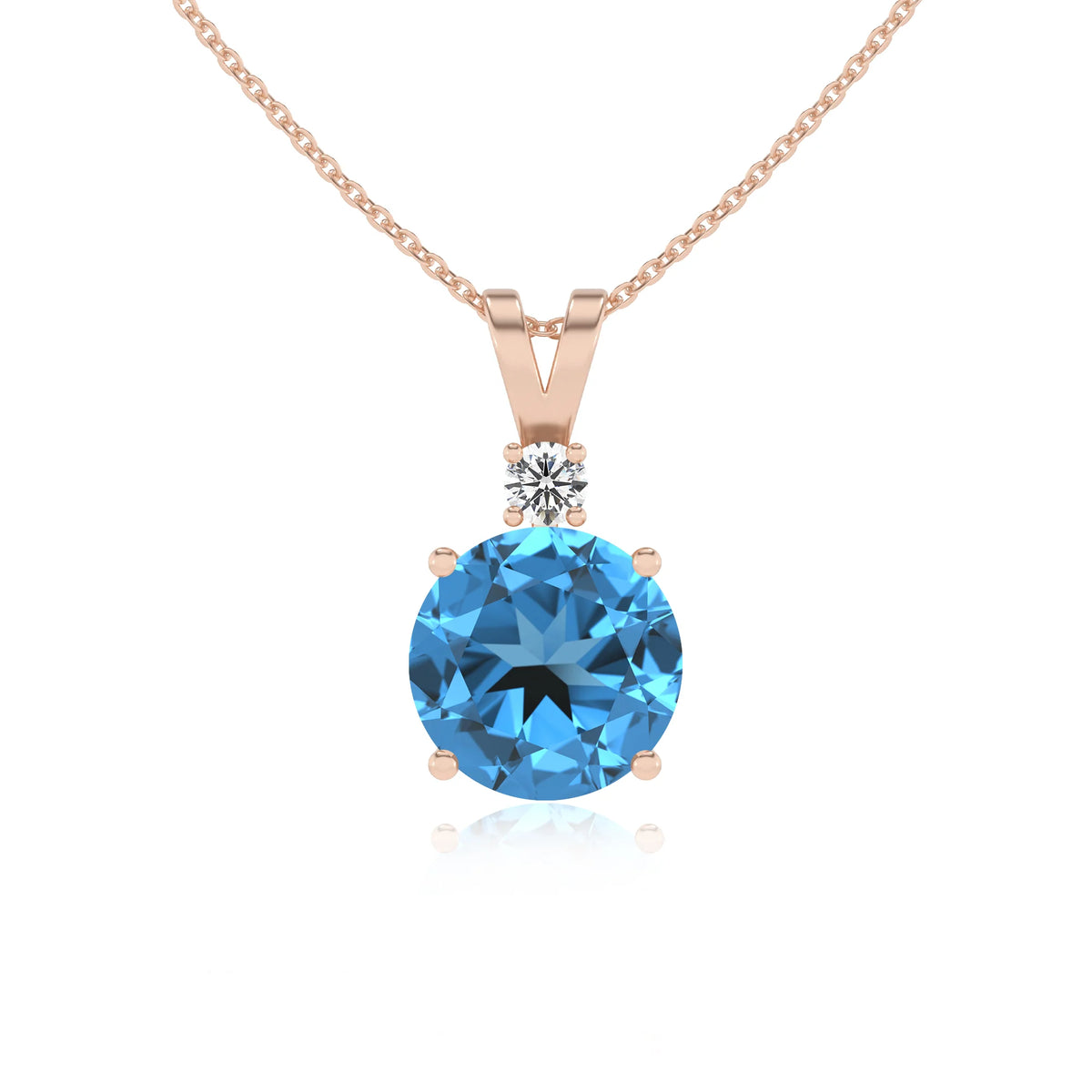 natural swiss-blue-topaz round solitaire v-bale necklaces in rose gold 