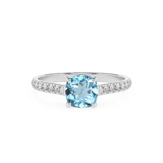 lab grown aquamarine cushion half eternity solitaire engagement rings in sterling silver 