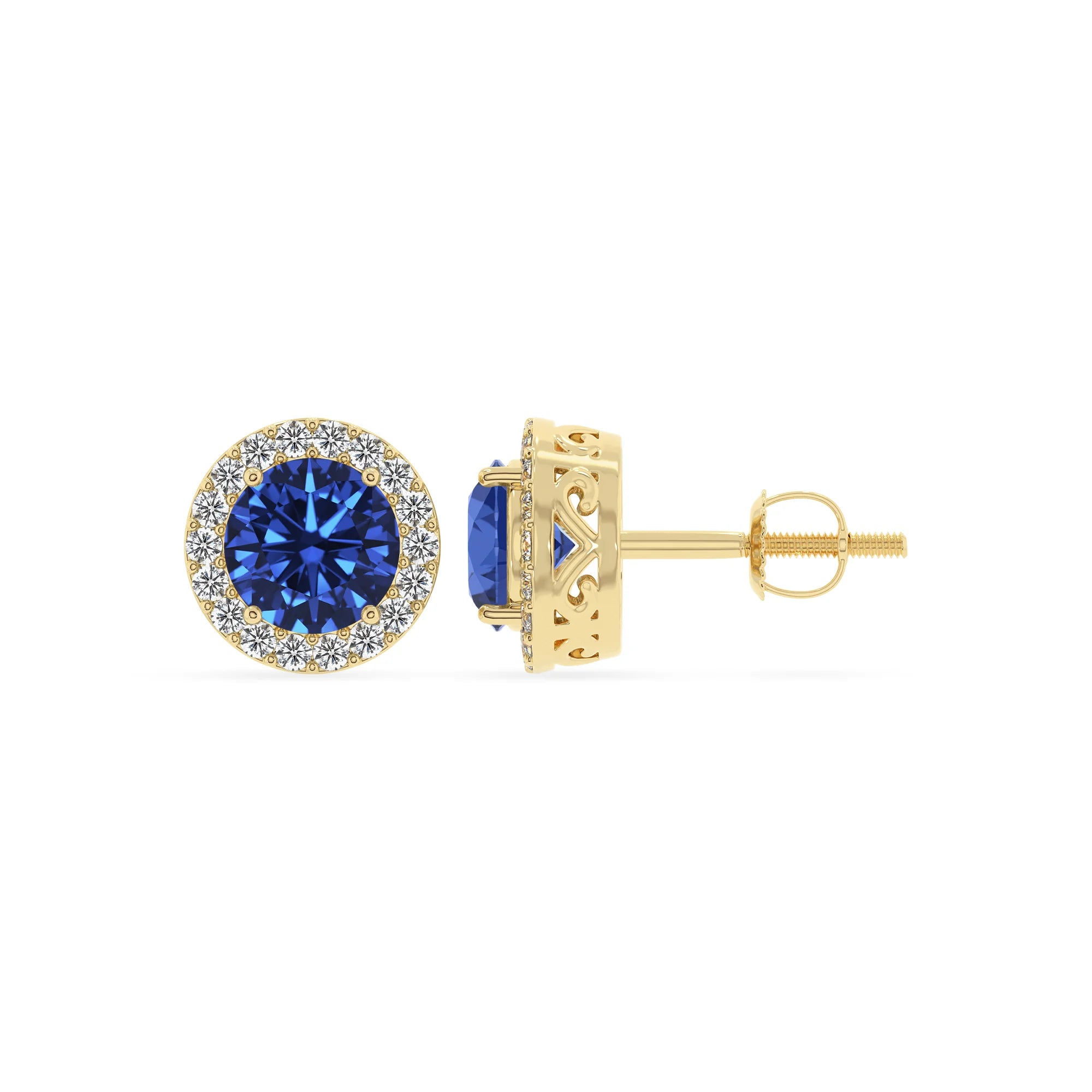 lab grown blue sapphire round stud earrings in yellow gold 