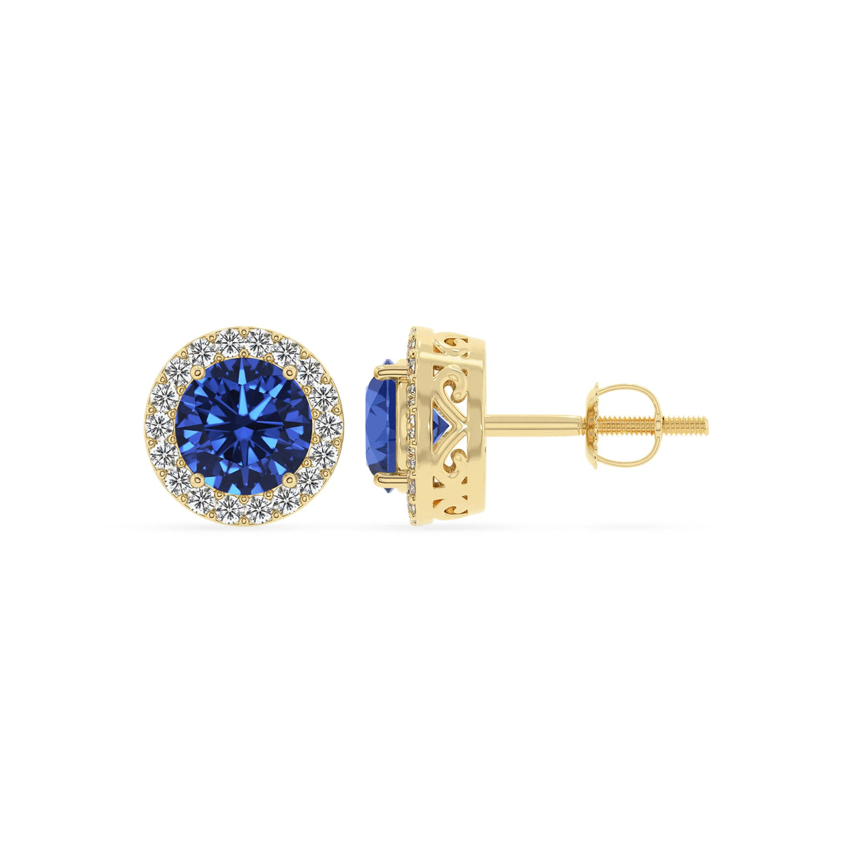 lab grown blue sapphire round stud earrings in yellow gold 