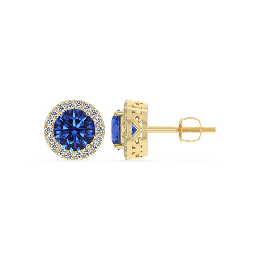 lab grown blue sapphire round stud earrings in yellow gold 