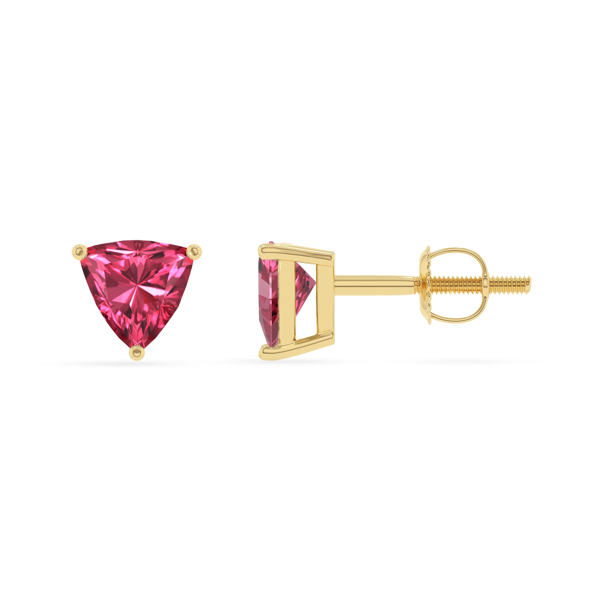 lab grown pink tourmaline trillion stud earrings in yellow gold 