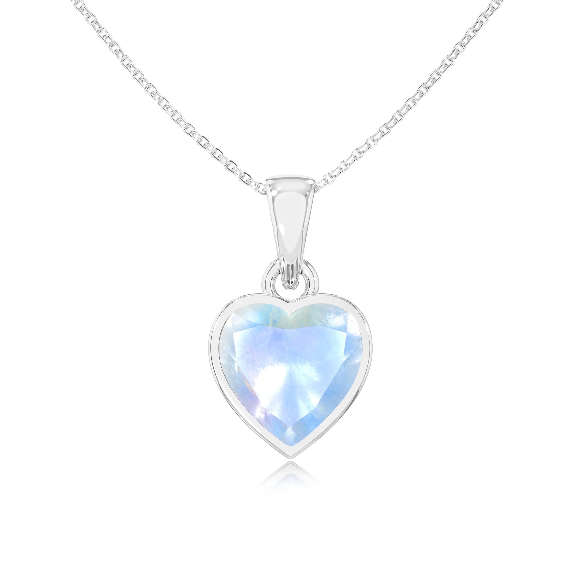 natural rainbow-moonstone heart solitaire necklaces in sterling silver 