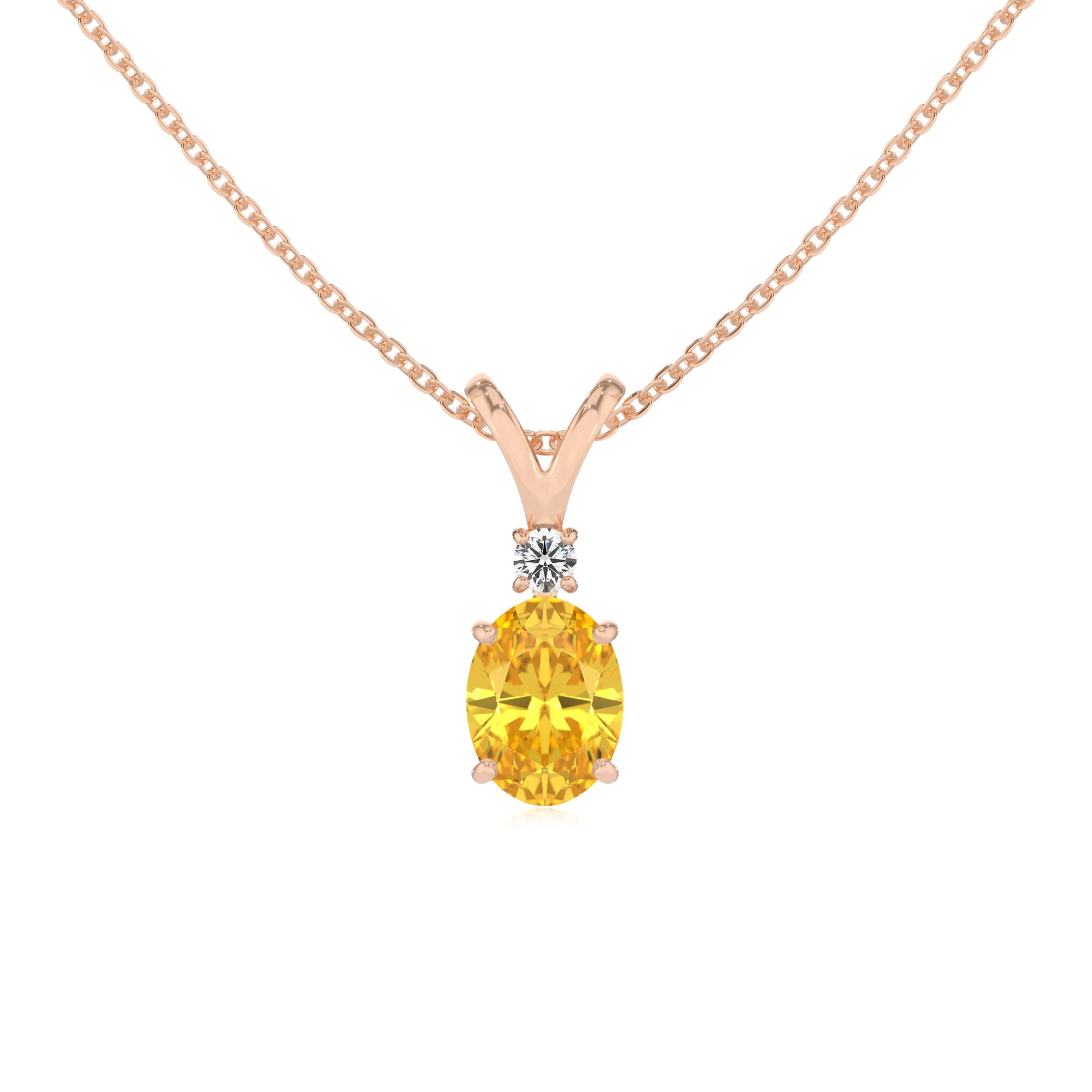 lab grown yellow-sapphire oval solitaire v-bale necklaces in rose gold 