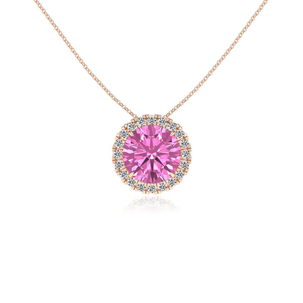 lab grown pink sapphire round solitaire necklaces in rose gold 