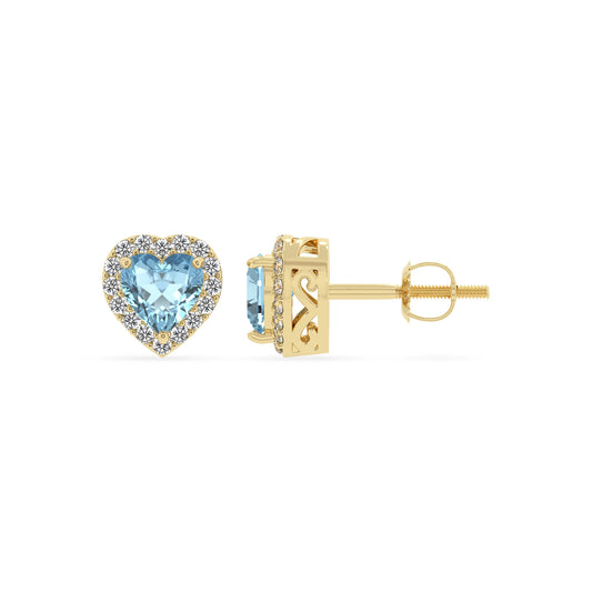 lab grown aquamarine heart stud earrings in yellow gold 