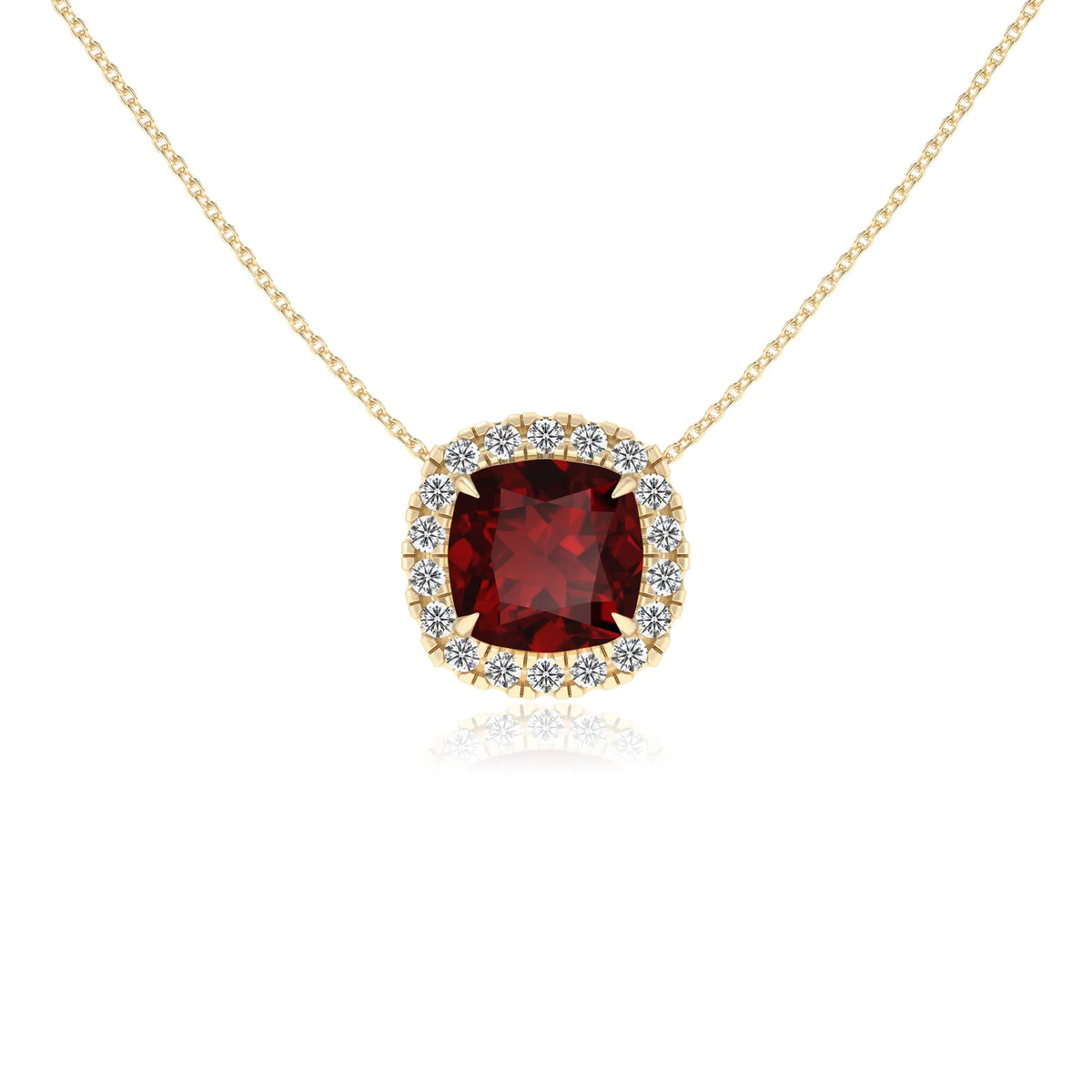 natural garnet cushion solitaire necklaces in yellow gold 