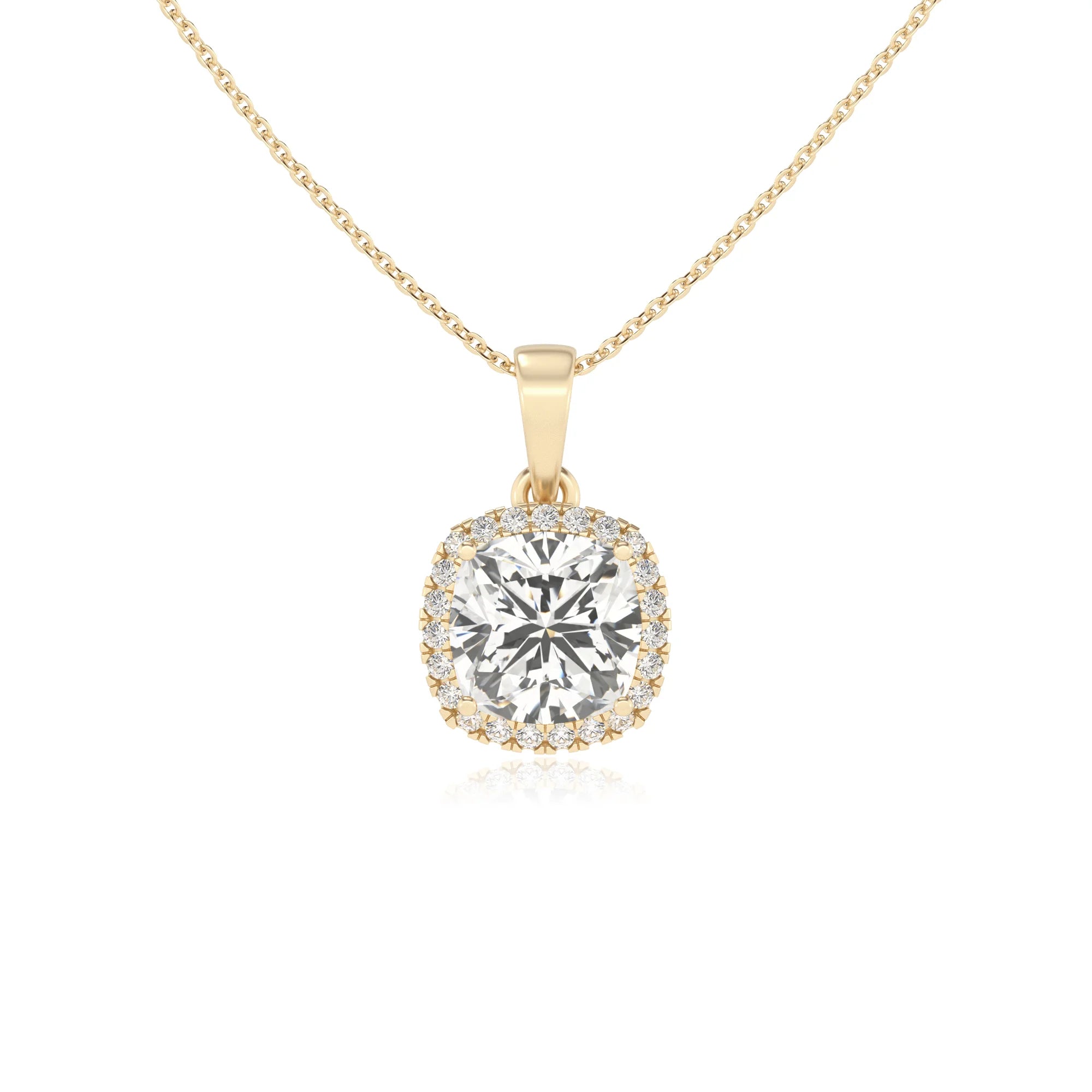 lab grown moissanite cushion solitaire necklaces in yellow gold 