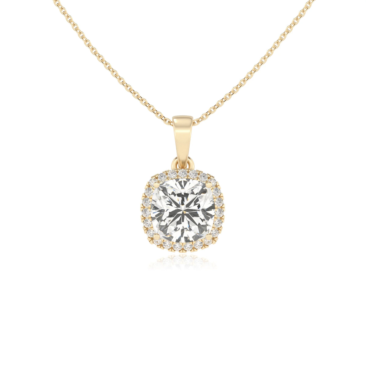 lab grown moissanite cushion solitaire necklaces in yellow gold 
