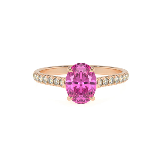 lab grown pink-sapphire oval half eternity solitaire engagement rings in rose gold 