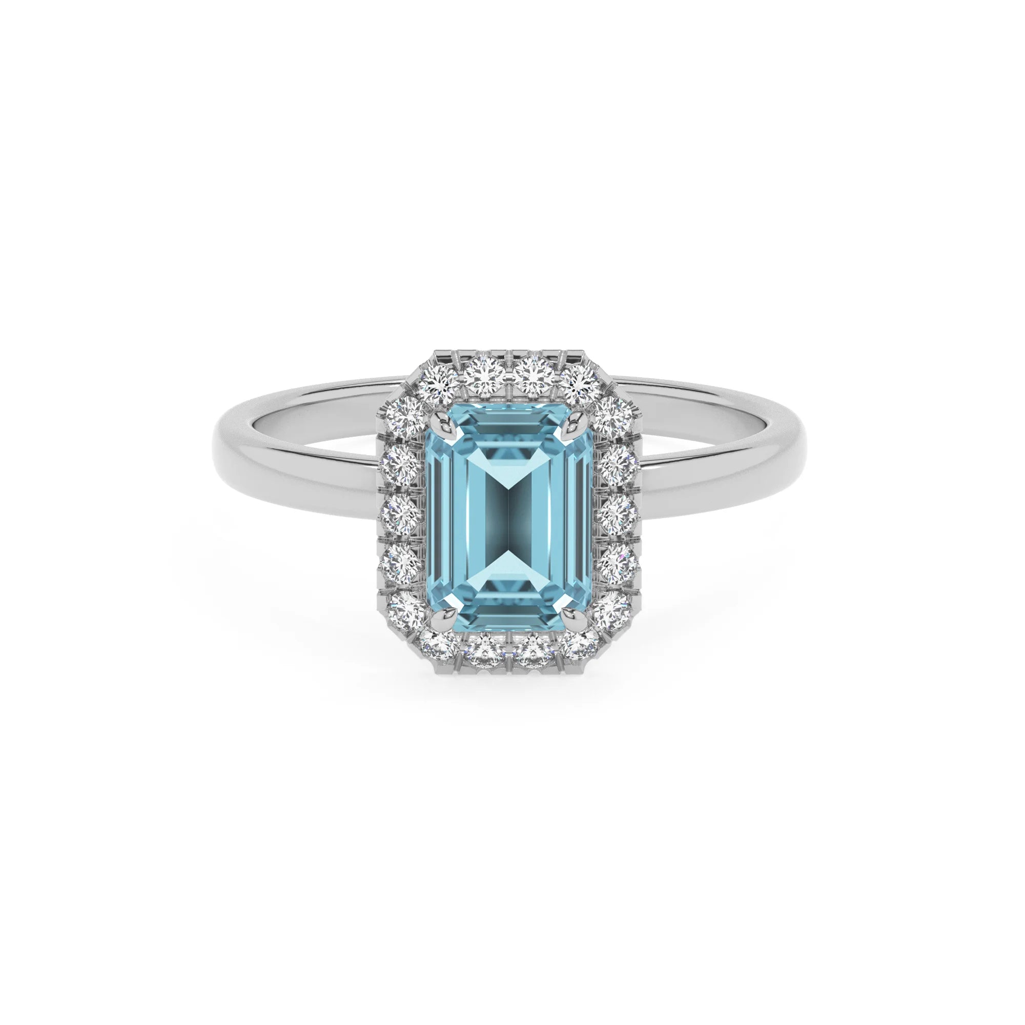 lab grown aquamarine emerald cut solitaire rings in white gold 