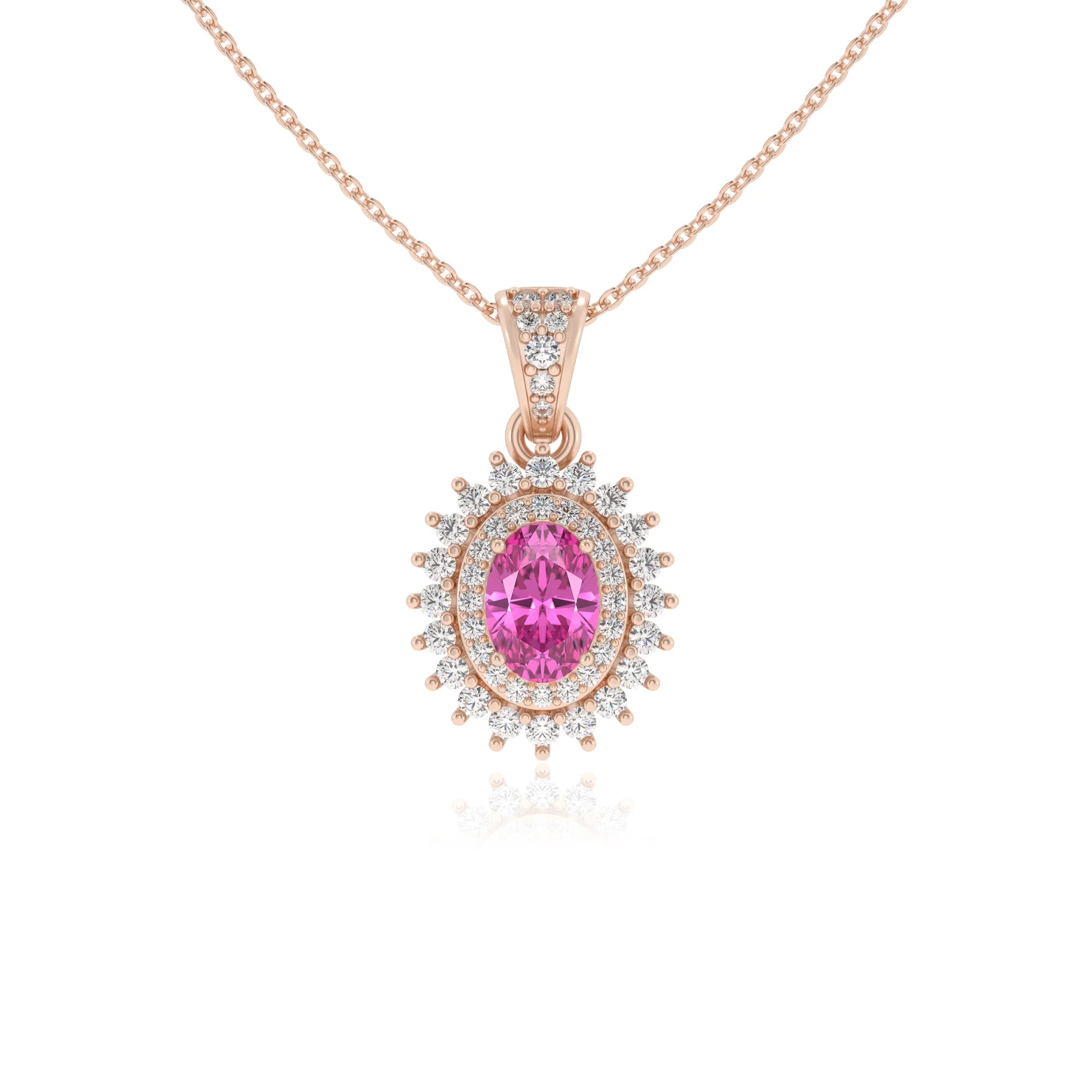 lab grown pink-sapphire oval halo necklaces in rose gold 