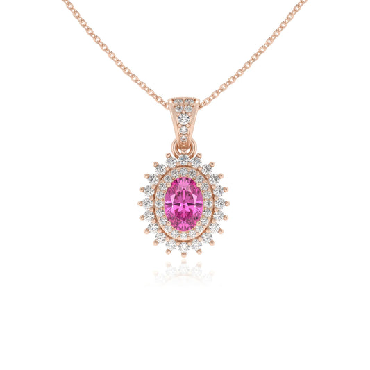 lab grown pink-sapphire oval halo necklaces in rose gold 