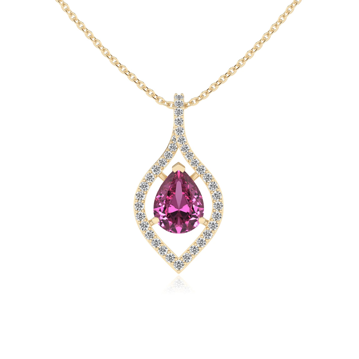 lab grown pink-sapphire pear infinity necklaces in yellow gold 