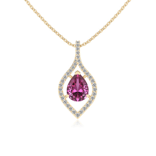 lab grown pink-sapphire pear infinity necklaces in yellow gold 