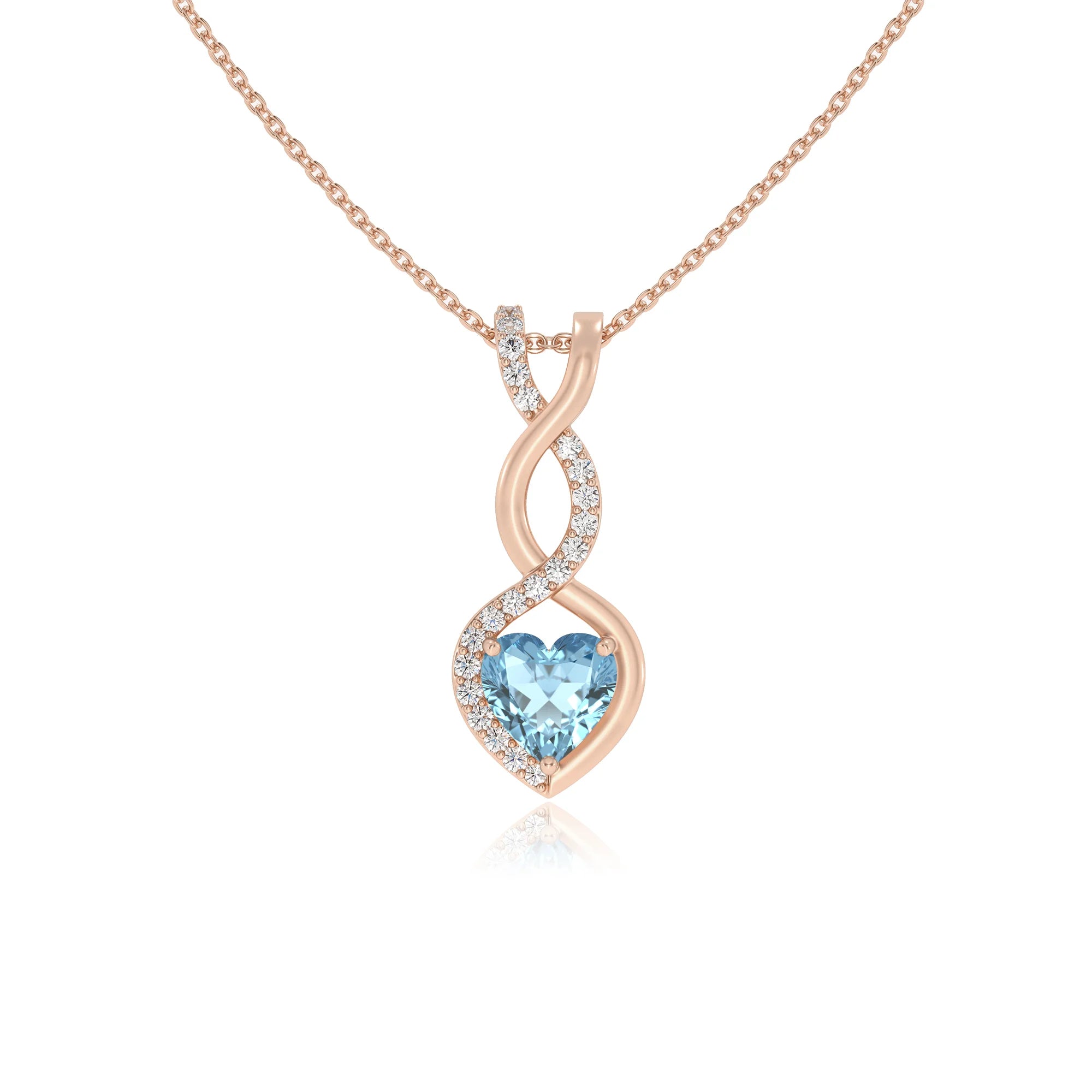 lab grown aquamarine heart infinity necklaces in rose gold 
