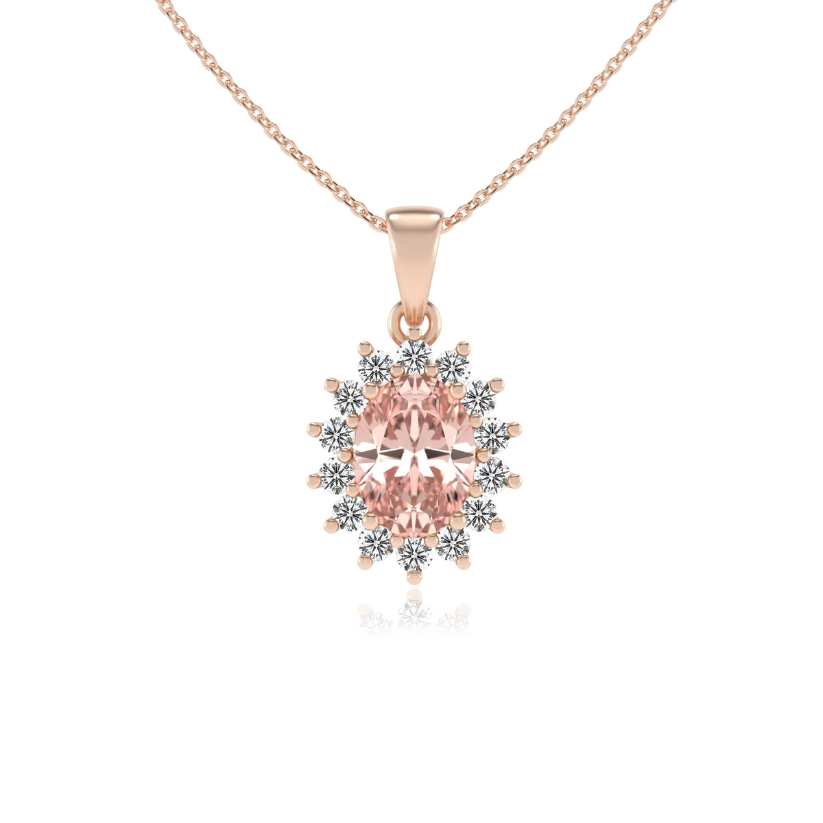 lab grown morganite oval halo necklaces in rose gold 