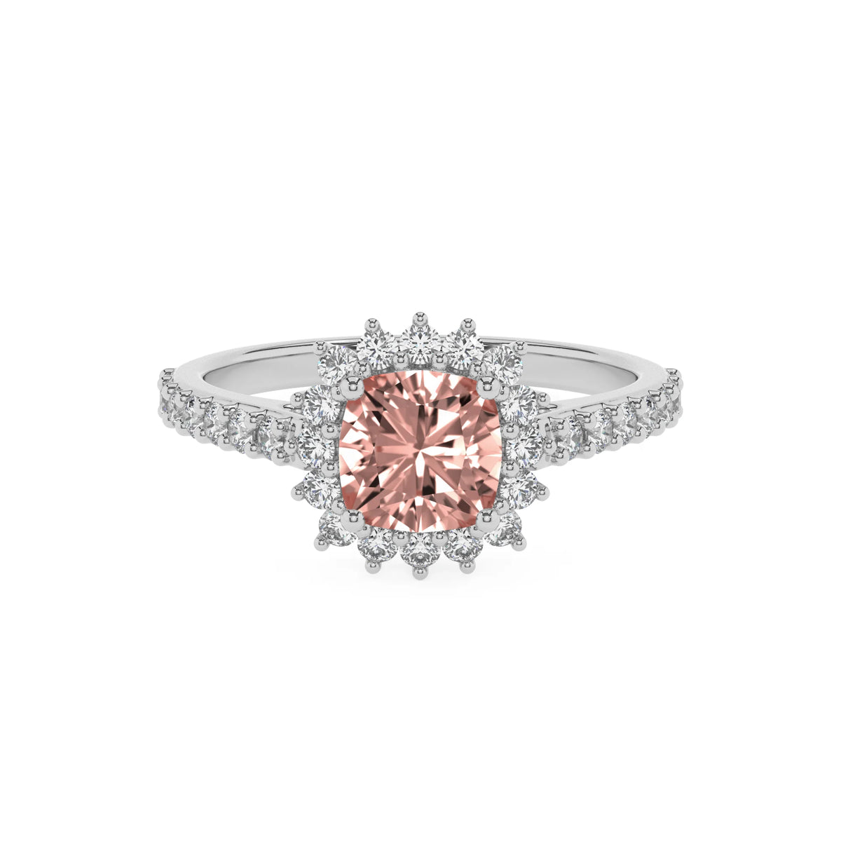 lab grown morganite cushion solitaire rings in sterling silver 