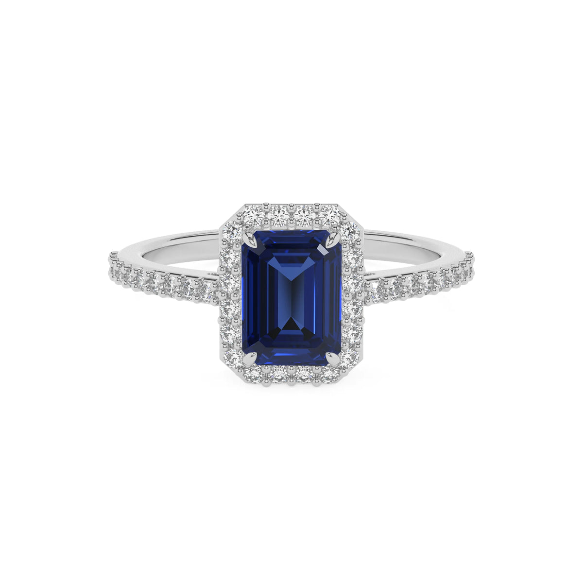 lab grown blue-sapphire emerald cut solitaire rings in sterling silver 