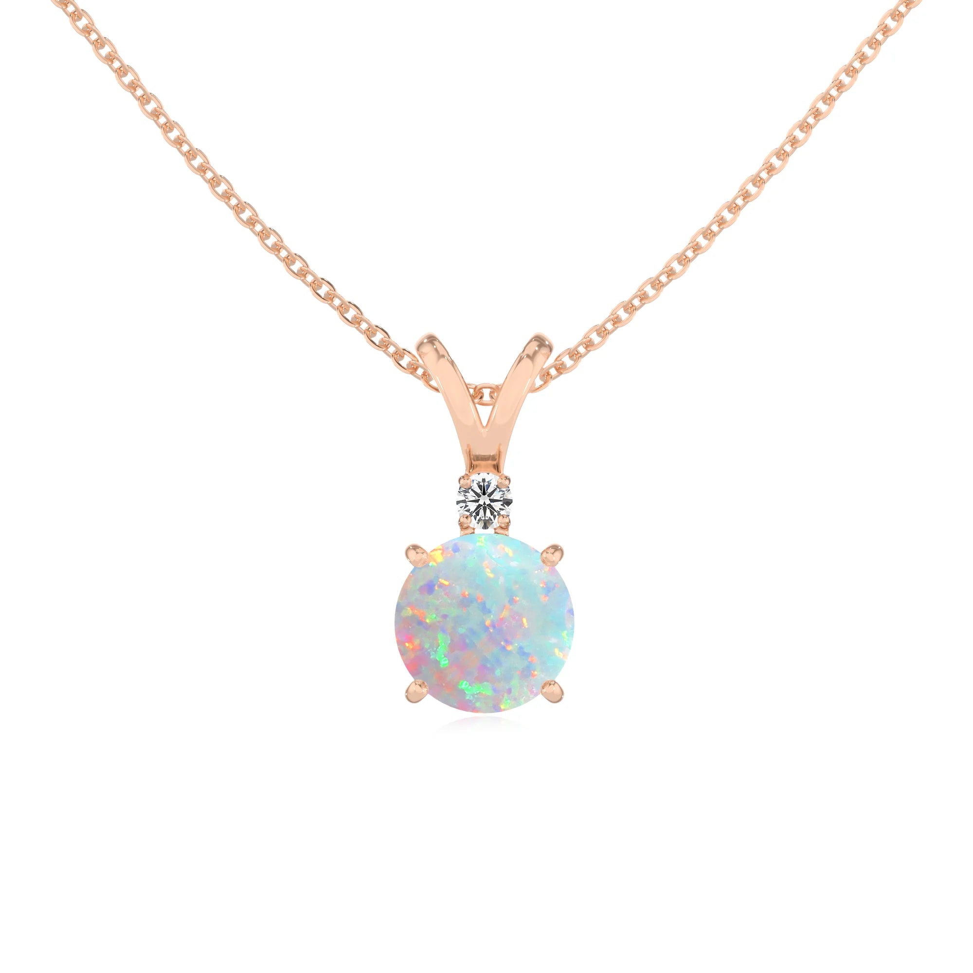 lab grown opal round solitaire v-bale necklaces in rose gold 
