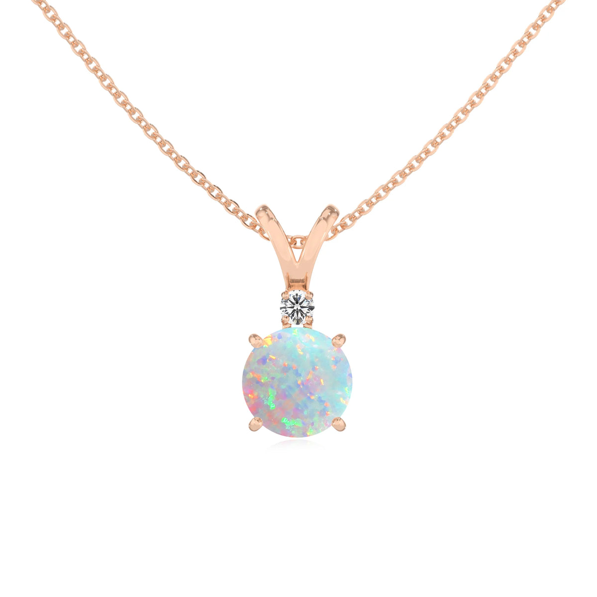 lab grown opal round solitaire v-bale necklaces in rose gold 