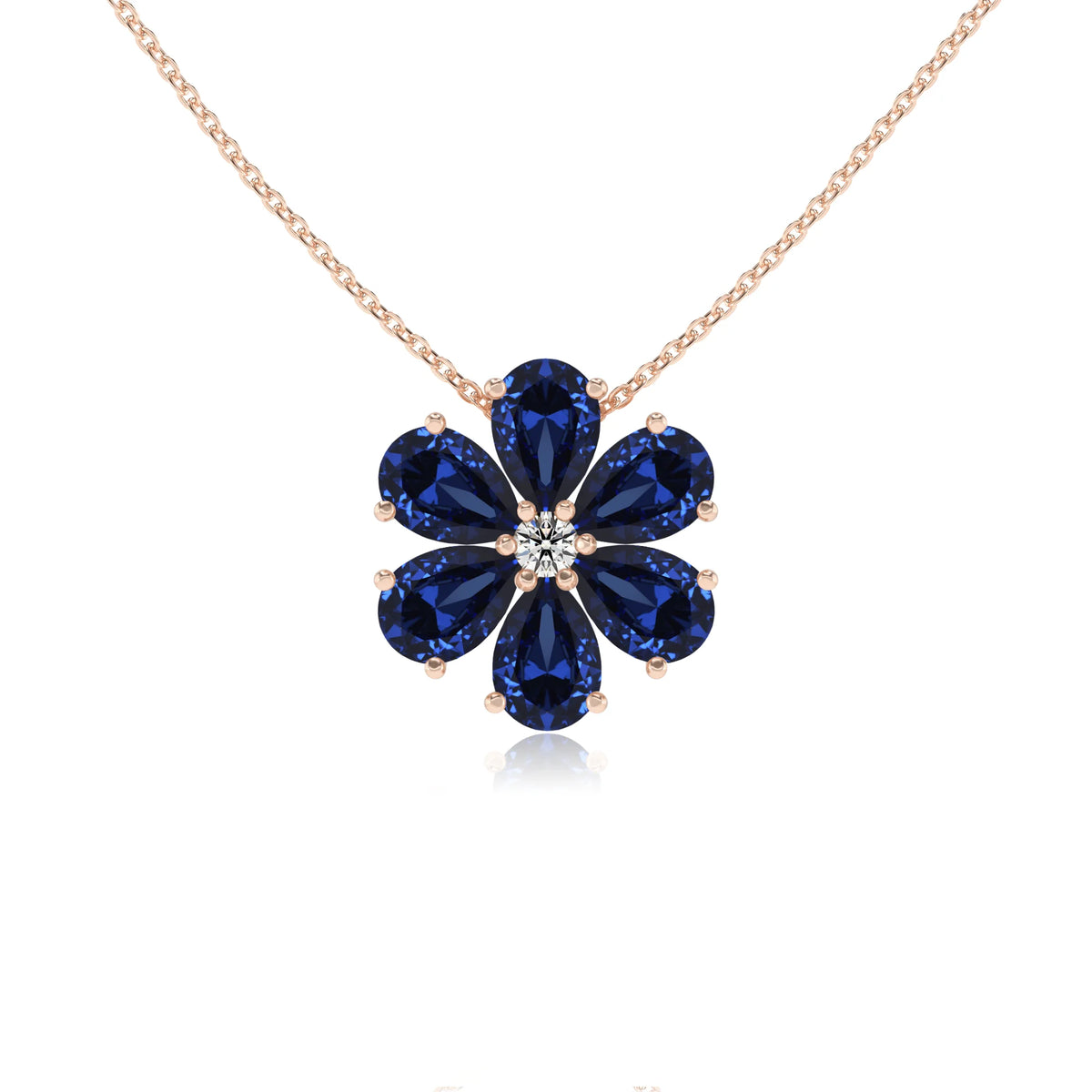 lab grown blue-sapphire pear solitaire necklaces in rose gold 