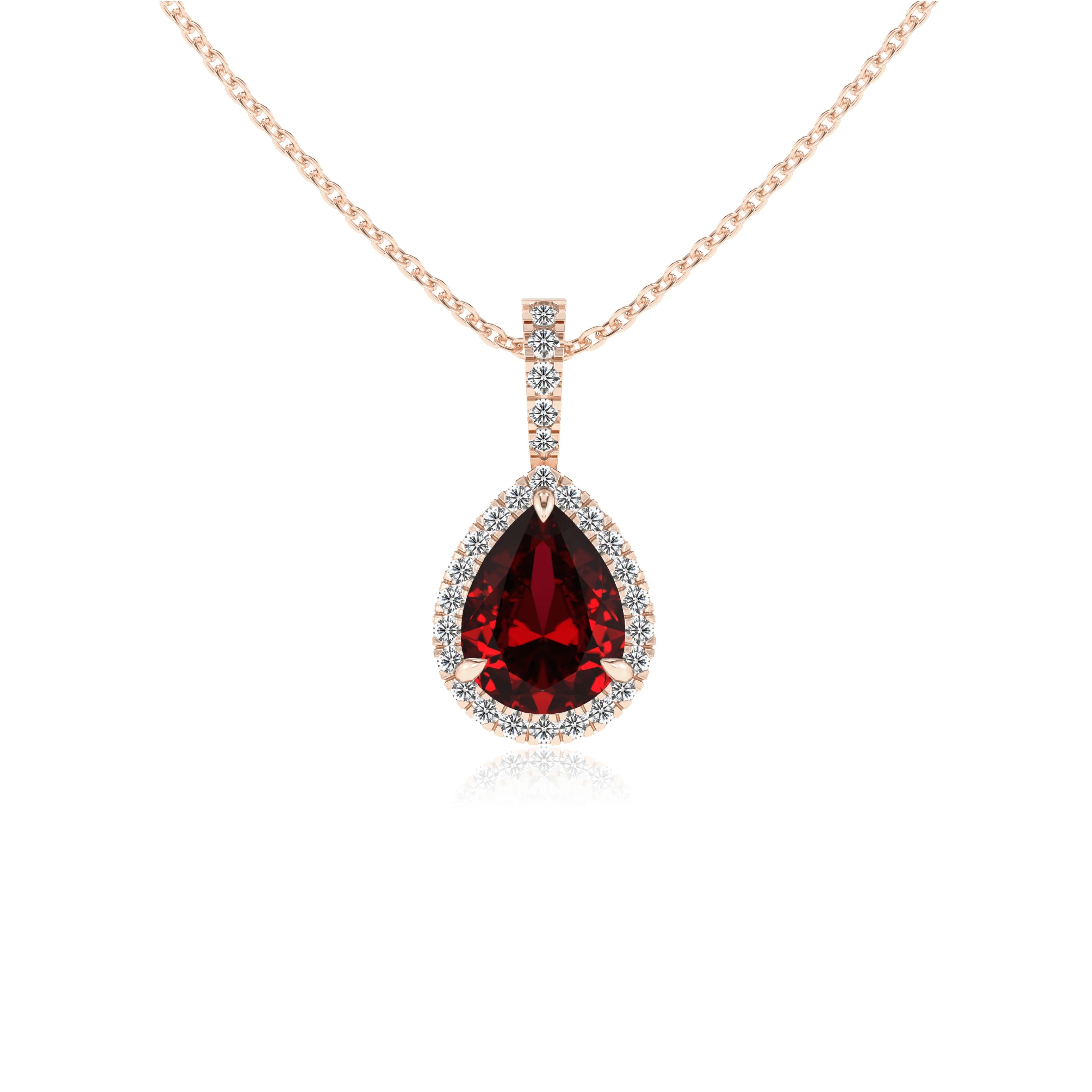 lab grown ruby pear solitaire necklaces in rose gold 