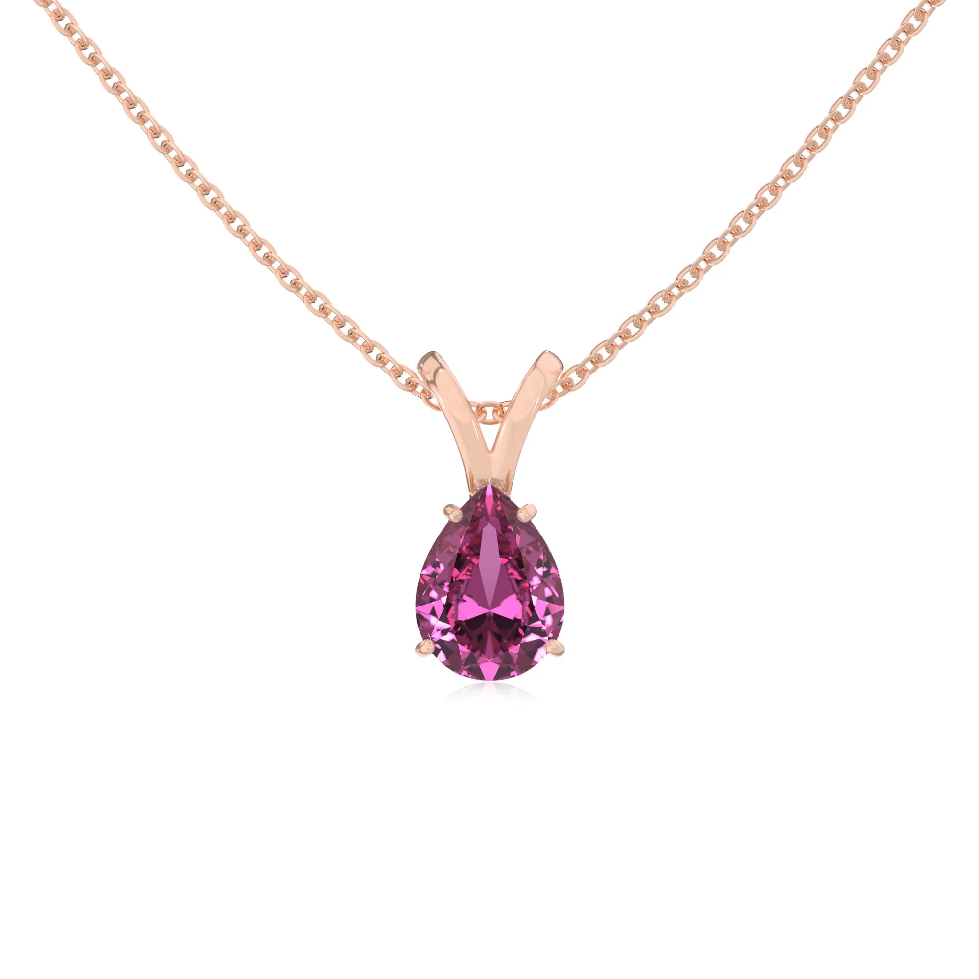 lab grown pink-sapphire pear solitaire v-bale necklaces in rose gold 