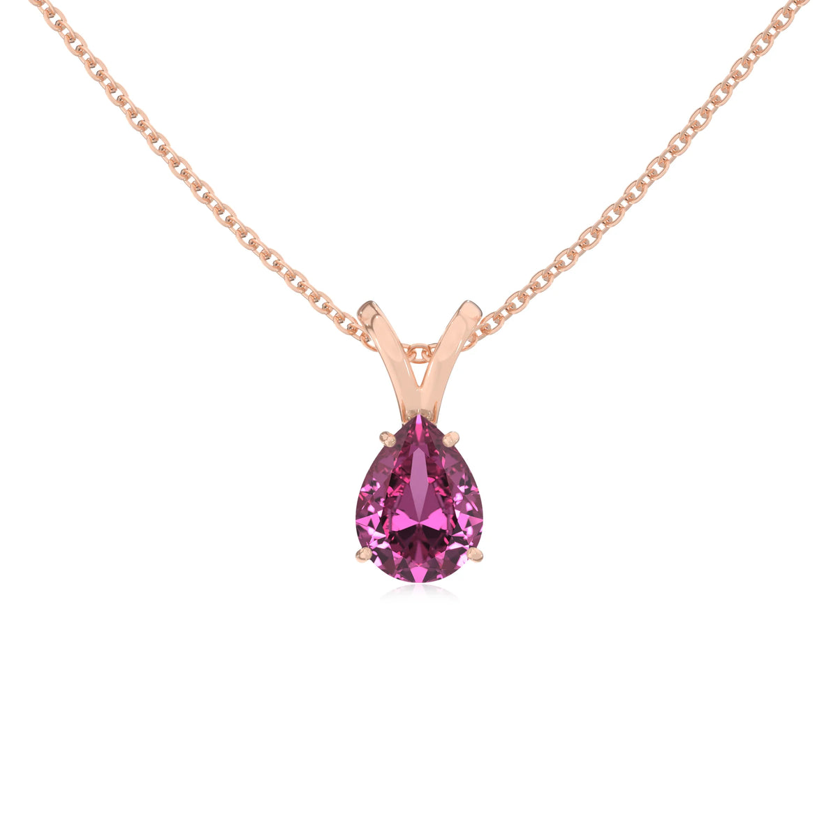 lab grown pink-sapphire pear solitaire v-bale necklaces in rose gold 