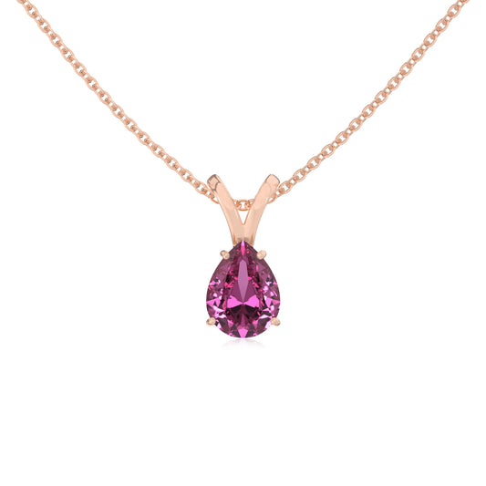 lab grown pink-sapphire pear solitaire v-bale necklaces in rose gold 