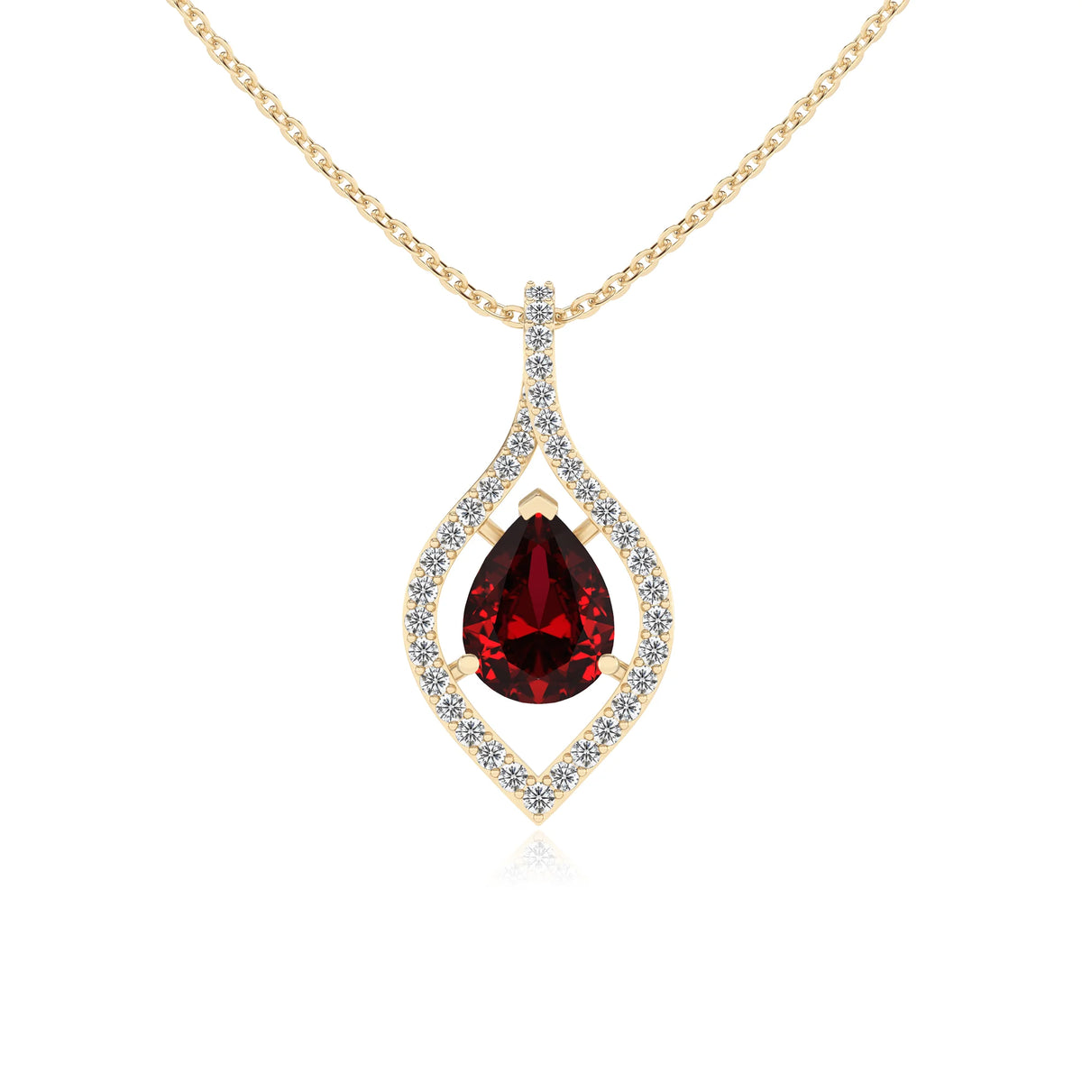 lab grown ruby pear infinity necklaces in yellow gold 