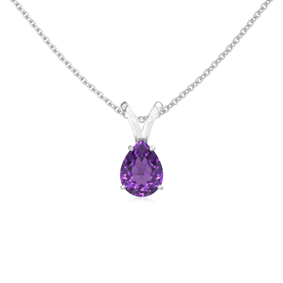 lab grown amethyst pear solitaire v-bale necklaces in platinum 