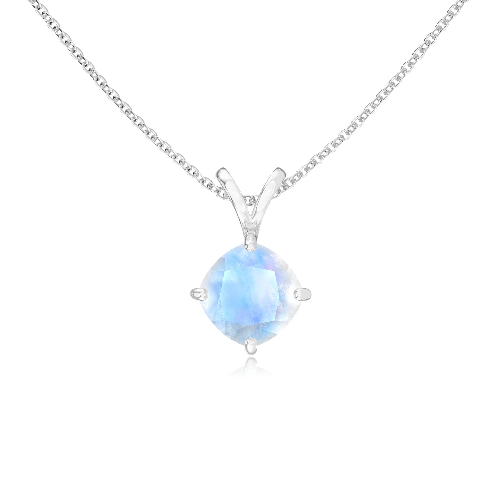 natural rainbow-moonstone cushion solitaire v-bale necklaces in sterling silver 