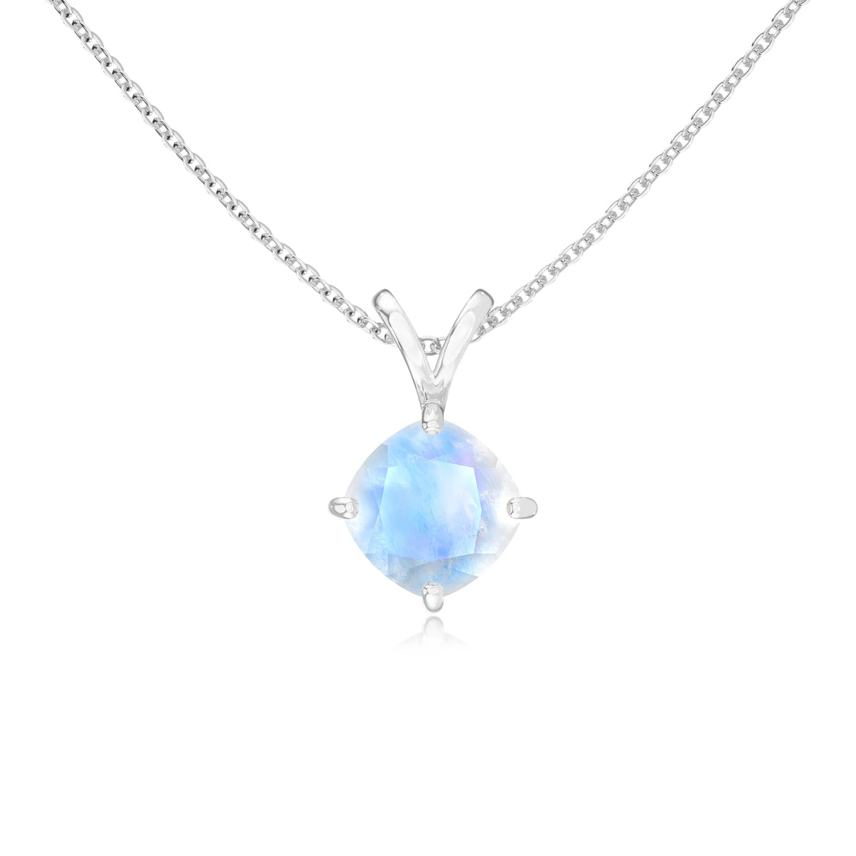 natural rainbow-moonstone cushion solitaire v-bale necklaces in sterling silver 