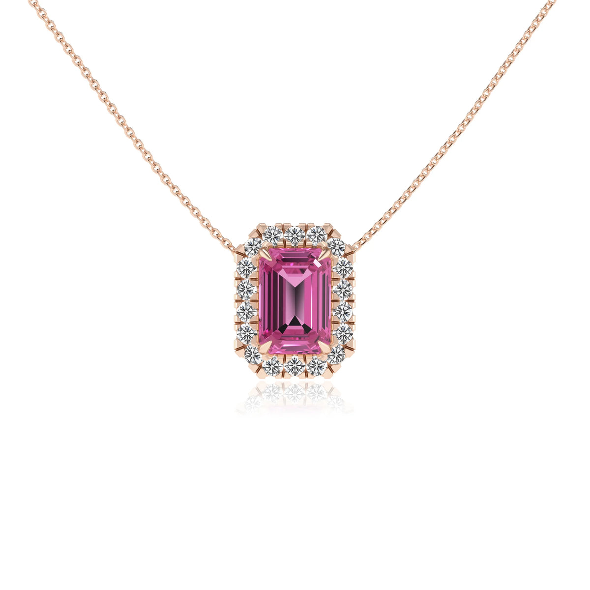 lab grown pink sapphire emerald cut solitaire necklaces in rose gold 