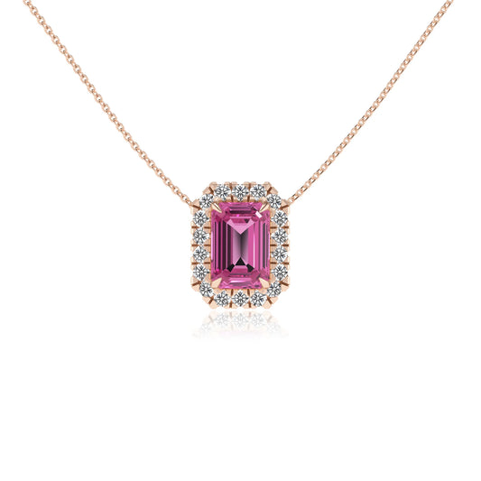 lab grown pink sapphire emerald cut solitaire necklaces in rose gold 