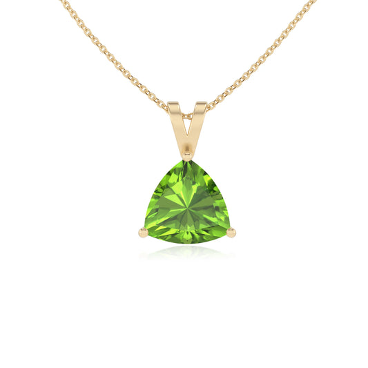 natural peridot trillion solitaire v-bale necklaces in yellow gold 
