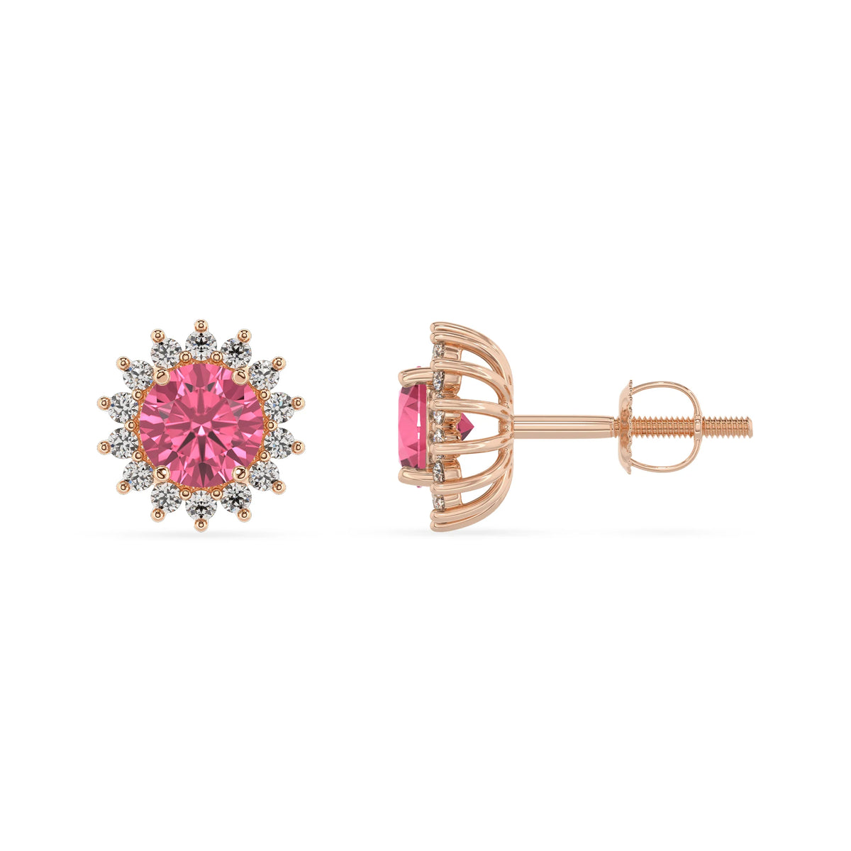 lab grown pink tourmaline round stud earrings in rose gold 